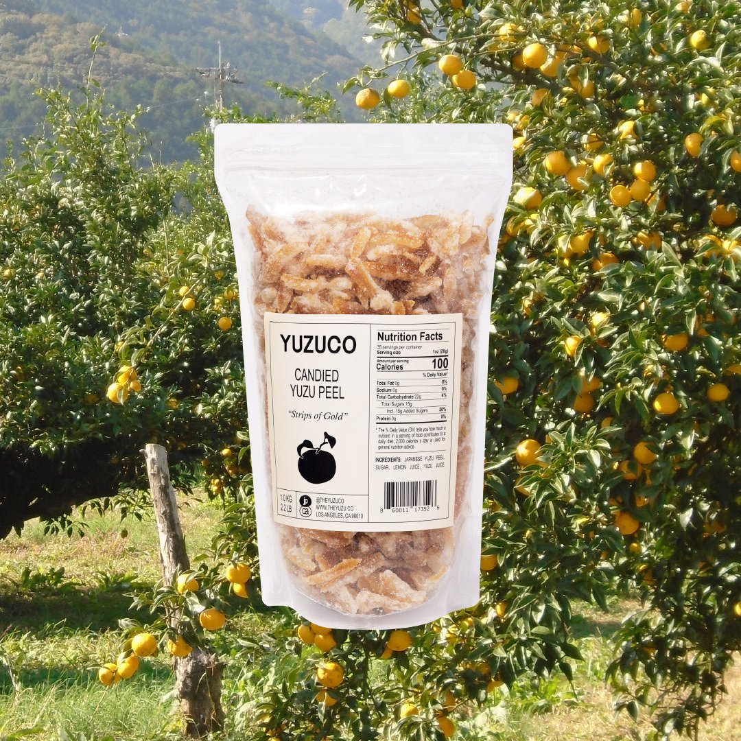 Candied yuzu peel in front of yuzu orchard